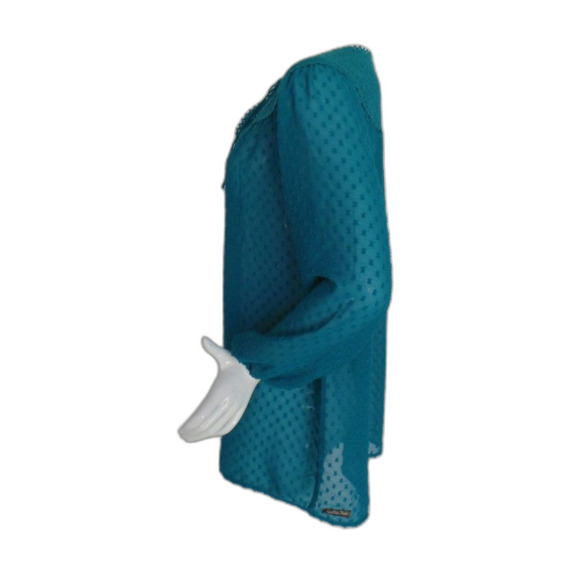 MATILDA JANE Tunic, L, Teal, Swiss Dots, Eyelet Yoke, Long sleeves, Tie neck - Picture 7 of 15